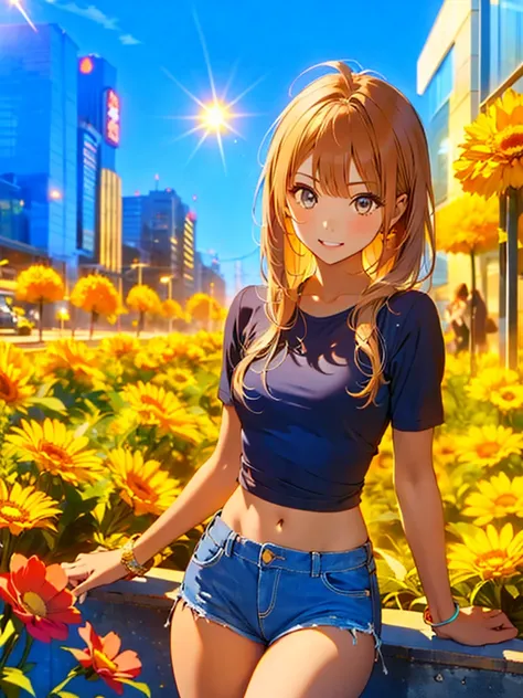 ((masterpiece)),(((Highest quality))),Thin thighs,Long legs,whole body:1.5，(One Girl:1.3),(More beautiful casual summer outfits：1.3),(Wearing light casual clothes:1.2),Short blonde:1.2、Model pose，summer、Flowerpunk Background、The glaring sun of summer、The m...