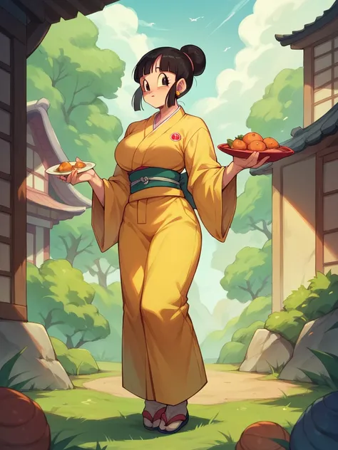 Chichi (Dragon Ball) wearing a yellow Japanese dress and serving food and full body and big breasts and shy face 