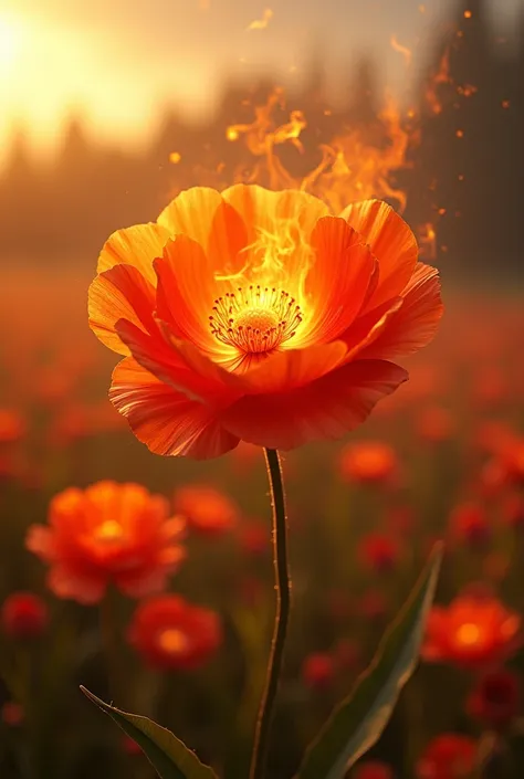 detailed fireflower like poppy with detalied ardent core, detalied fireflower created from fire, field of beautiful blooming flowers, like magical ocean of fire, glowing embers; windy, golden, sunlit meadow, suns rays dansing; dramatic lighting, cinematic ...