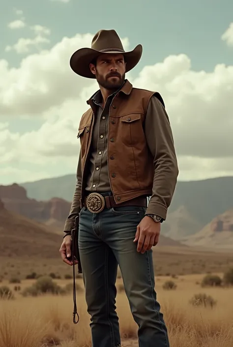 Cowboy, similar to Ian Boher, strong, wearing cowboy hat, beautiful, 30 years, Young, muscular, tall and big