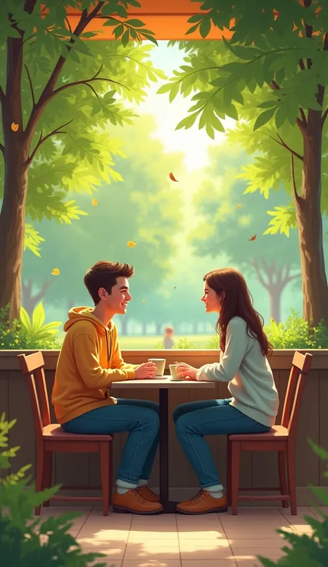 Location: A park or café, where two friends are sitting together.Shot: Wide shot, showing both friends.