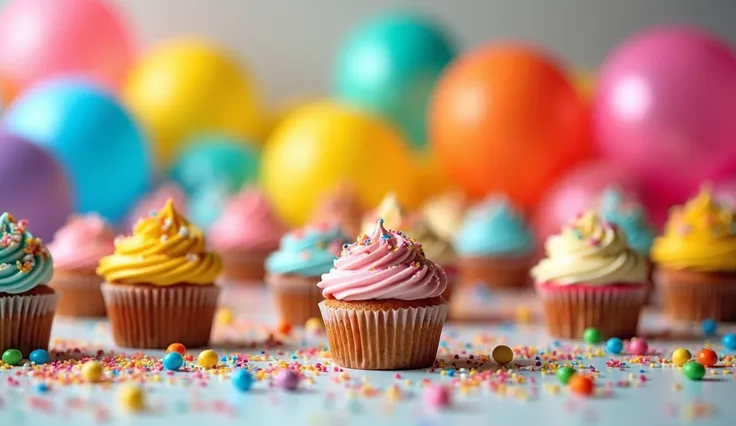 create a photo of a party table decorated with colorful party balls and various cupcakes