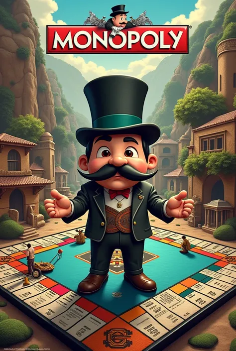 Create a monopoly (the hasbro board game) In a real way with the original size and cover of the game but called Perupolio and with places from Peru. Replace the name of Monopoly with Perupolio in the image.

