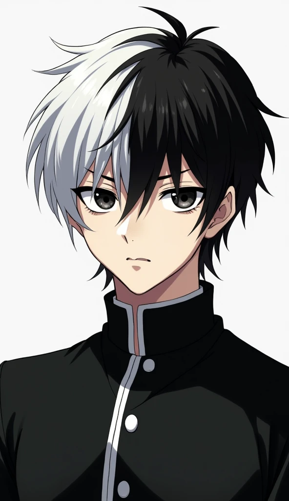 Male anime character, white with black hair and serious looking forward,kuudere, black Gakuran Outfit 