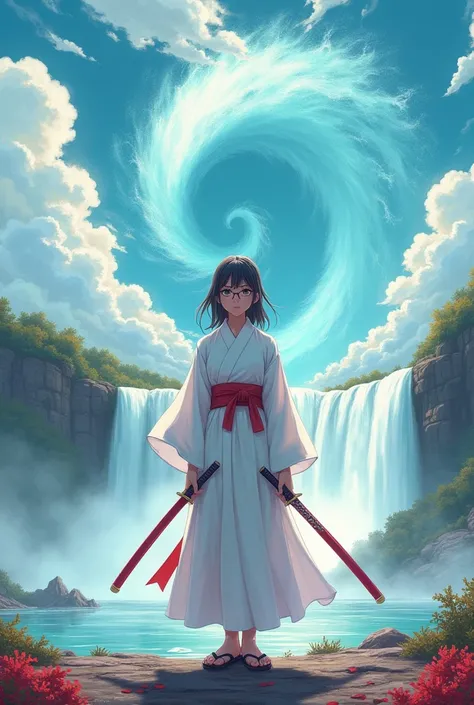 Background air terjun Niagara amazing vortex, , skyhight , awan exposure langit cerah berimajinasi menakjubkan, ornamen pendukung fraktal  efect merkuri red, a girl with glasses holding a red katana Pose by swinging it with incredible power , wearing white...