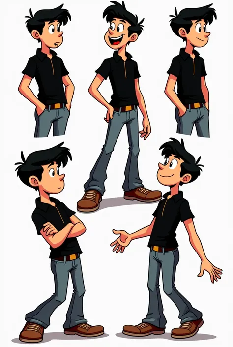 Create a 1960s comic-style character sheet of a young adult male, aged 20-30, with bold black outlines and no shadows. The character is slightly handsome with black hair and wearing a simple black collared shirt. His features are friendly and exhibit a sli...