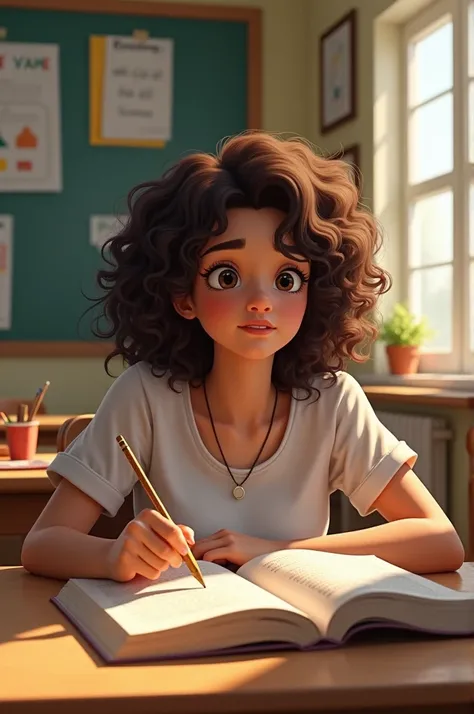 Create a 1 woman she is holding a book and pencil and is doing homework at school and she is on the table sitting she has curly hair classroom scene