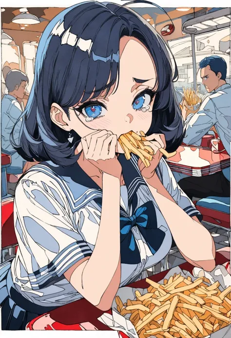 (((beautiful detailed)))(cute face:1.2)1girl, A girl stuffing her face with french fries, Girl crying while eating a pile of french fries, Inside a 1950s-style diner, 1950s-style interior, Navy blue hair, blue eyes, A short-sleeved white shirt with four ve...