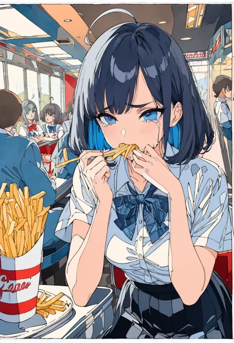 (((beautiful detailed)))(cute face:1.2)1girl, A girl stuffing her face with french fries, Girl crying while eating a pile of french fries, Inside a 1950s-style diner, 1950s-style interior, Navy blue hair, blue eyes, A short-sleeved white shirt with four ve...