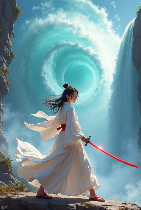 Realistic Background air terjun Niagara amazing vortex, , skyhight , awan exposure langit cerah,menakjubkan, ornamen pendukung fraktal  efect merkuri red, a girl with glasses holding a red katana Pose by swinging it with incredible power , wearing white ki...