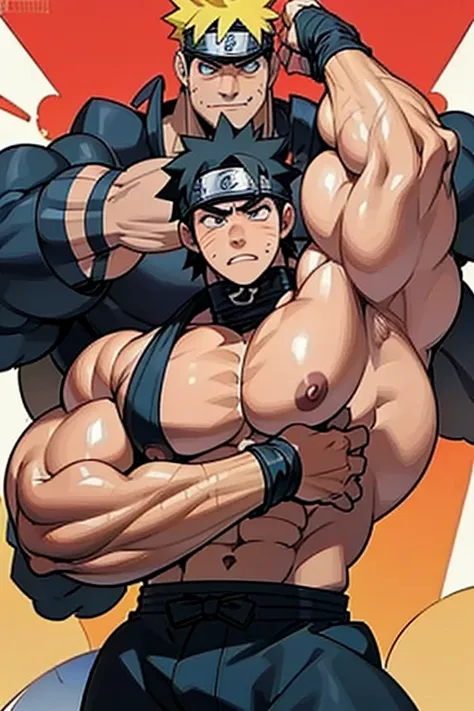 Naruto Uzumaki and his clones stand in a locker room being brainwashed by Sasukes Sharingan to be big dumb muscle thralls with slumped shoulders and slack jaws saying, "Bigger ... dumber.... I am big. I am dumb. I am a big, dumb brute.... Must ... obey ......