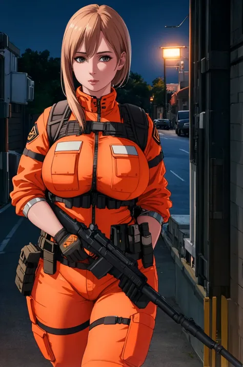 (best quality,8K,Ultra detailed,realistic,photorealistic:1.2),Beautiful girl,big breasts,looking ahead,orange bulletproof vest,carrying a weapon,night.