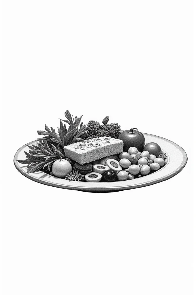 Black and white drawing to paint of plate With food from a healthy lunch