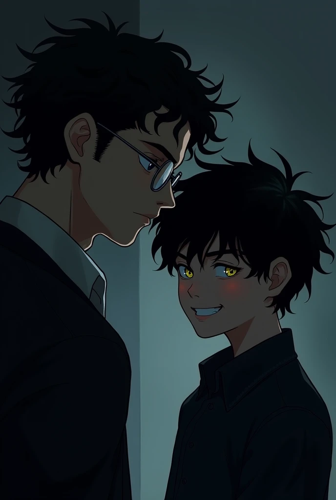 Young man with slightly curly black hair, blue eyes, wearing glasses, standing in profile, handsome, serious, with a dark background, no beard to cover his shadow, and next to him behind his profile, a boy with messy black hair, yellow eyes, dressed in bla...