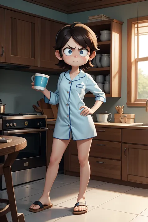 leni loud, with dark circles and tired eyes, angry tired face, pajamas, curves, cup of coffee in the kitchen, sandals, full body