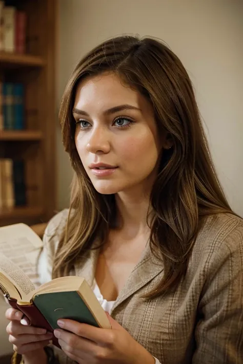 brunette woman with blonde hair, reading scrolls