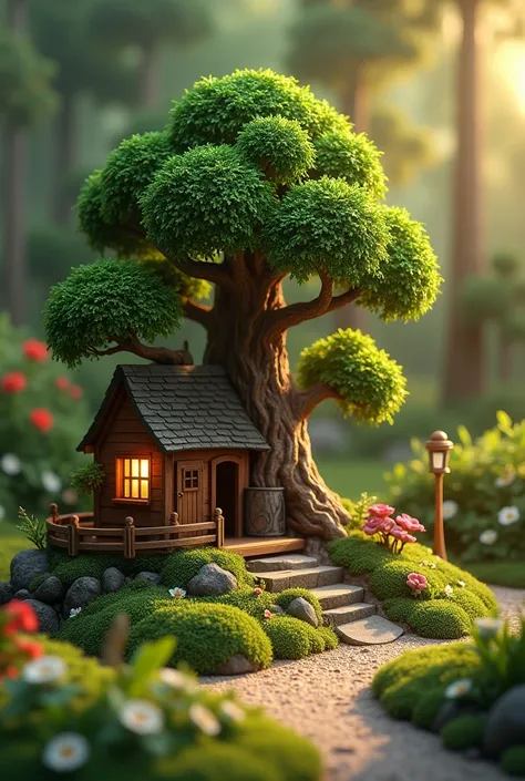 （Pixar Style),Realistic bonsai and miniature treehouse, Miniature Garden、Bonsai House、Miniature Figure Model, Light source from right to left, Rambrandt Lighting, Light source from right to left, (Isometric projection), (top down), Realistic scale, Post-pr...