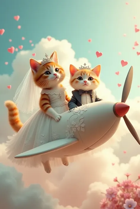 A cat wearing bridal dress  and groom sitting in propsel position 
