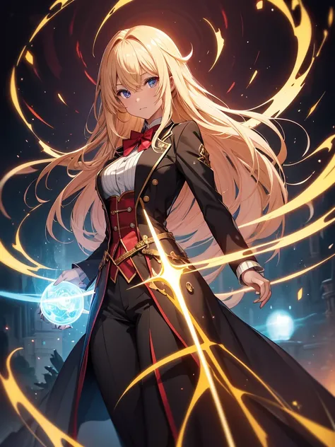 Akashic Records of Bastard Magic Instructor, serika=Arfonia,Hair color is gold,Black Suit,Red strokes that mimic the character&#39;s speed, black elbow-length gloves、 (Ultra-realistic), {Highly detailed 8k CG unit wallpaper}, Landscape Photography Vast, (A...