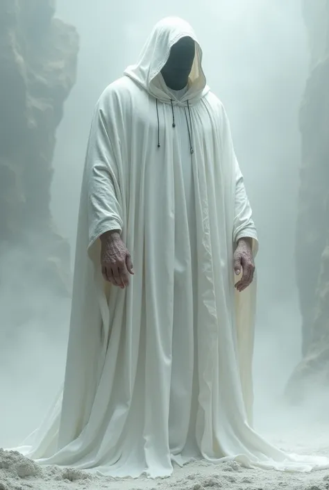 A 3-meter tall creature wrapped in a white cloak covering its entire body with raw hands wearing a mask that hides its face
