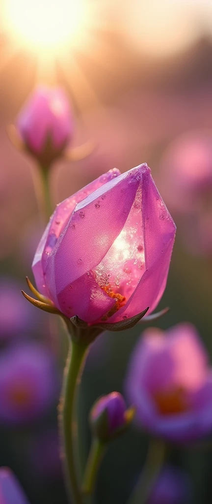 A tiny, gelatinous crystal, shaped irregularly and resembling a flower bud. Its nestled among pink and purple flowers in a sun-drenched field. The crystal is translucent, with a gradient of colors from pink to purple. Soft evening sunlight bathes the scene...