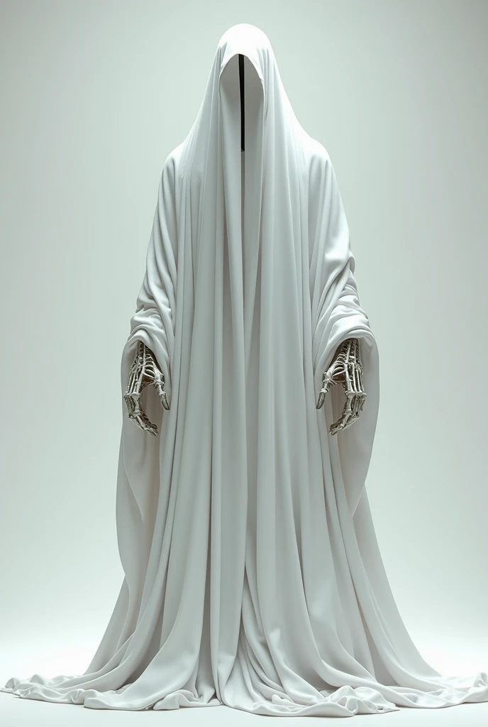 A 3-meter tall creature wrapped in a white cloak covering its entire body with hands made of bones and muscles, wearing a white mask with only a small hole where the forehead is, which hides its face.
