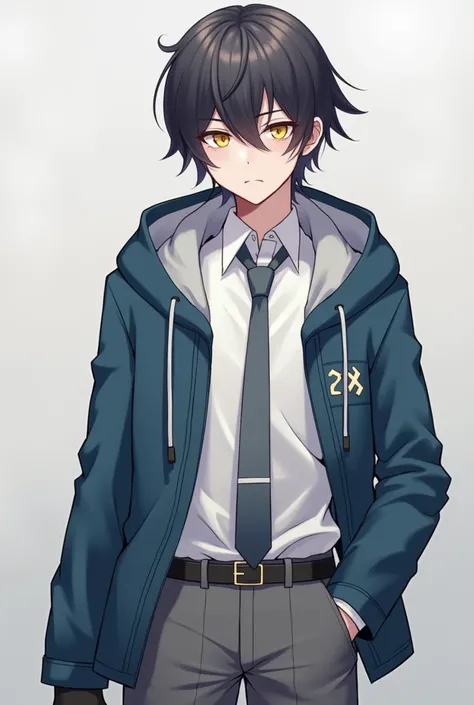 My OC Neoro Hatoro With white shirt, gray tie, black gloves, Blue Jacket Hoodie and Gray Pants