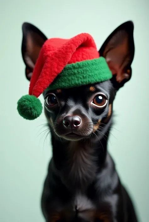 Black Chihuahua with Christmas hat on half side