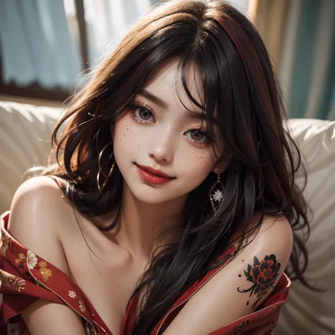 1 girl, Japanese, 4k, realistic, soft skin, texturized skin, long whavy black hair with bangs, red locks of hair, bright brown eyes, red eyeliners, shining red lips, soft makeup, freckles, sagging large breasts, round gold earings, off shoulder red fluffy ...