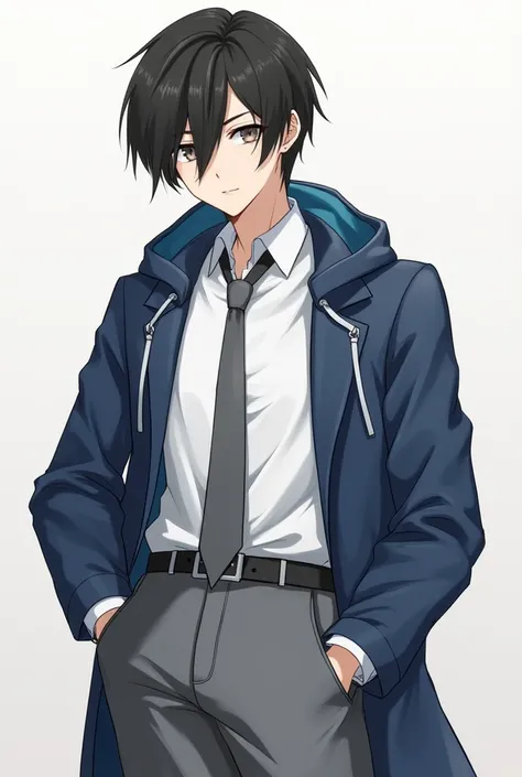 My OC Neoro Hatoro With white shirt, gray tie, black gloves, Blue Jacket Hoodie and Gray Pants