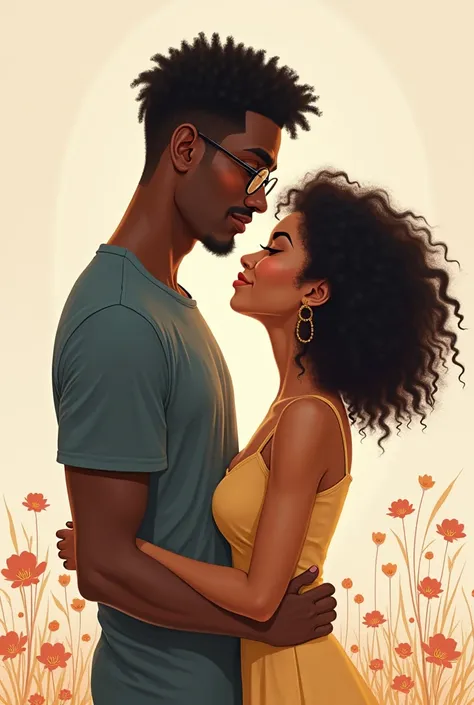 A couple where the guy is dark-skinned but not that dark, with little curls, with glasses, tall and the girl is short with black curly hair, white girl in drawings