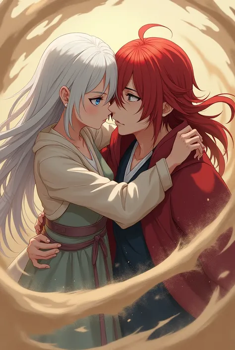 Girl with white hair and blue eyes, hair down to below the shoulders, without bangs and bangs with magical powers and hugging a red-haired boy with long hair and gray eyes, He has no eyebrows with a mark on the right side of his forehead in the style of an...