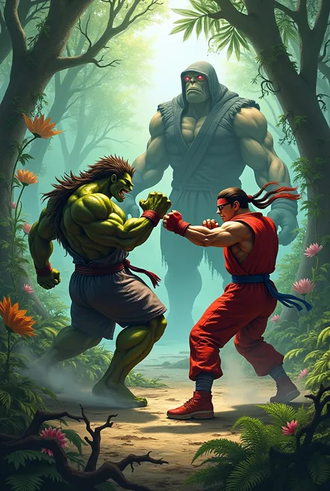 A character with the face of Blanka from Street Fighter with the body of Ryu from Street Fighter fighting in a forest with the colorful noob Saibot, with Goro from mortal kombat sitting in the background