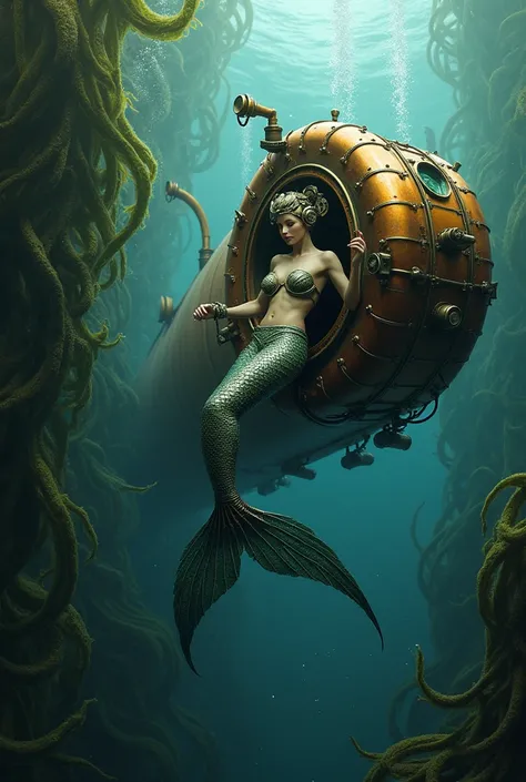 Steampunk mermaid emerging from a time-traveling submarine, amidst swirling ocean currents and clockwork seaweed