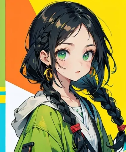 black braided hair, green eyes , cute outfit, anime girl