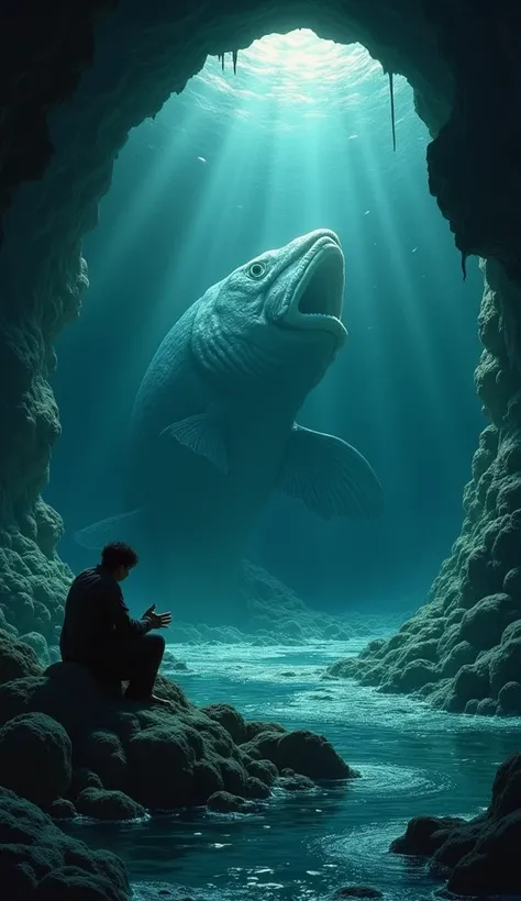 Jonah inside the big fish: Jonah is sitting inside the belly of a huge fish, praying in repentance. The interior is kind of light and humid, with soft lights illuminating his expression of reflection and despair.
Imagem comics 