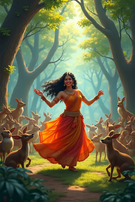 Happy Indian woman surrounded by forest animals and dancing 