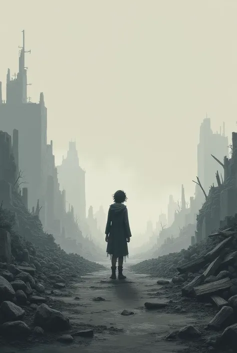 That is easy to draw The drawing should represent a cold and gray sunrise, with a desolate atmosphere, A solitary figure staring out into the horizon as everything around him appears to be in ruins or destruction, reflecting the speaker&#39;s pain and hope...