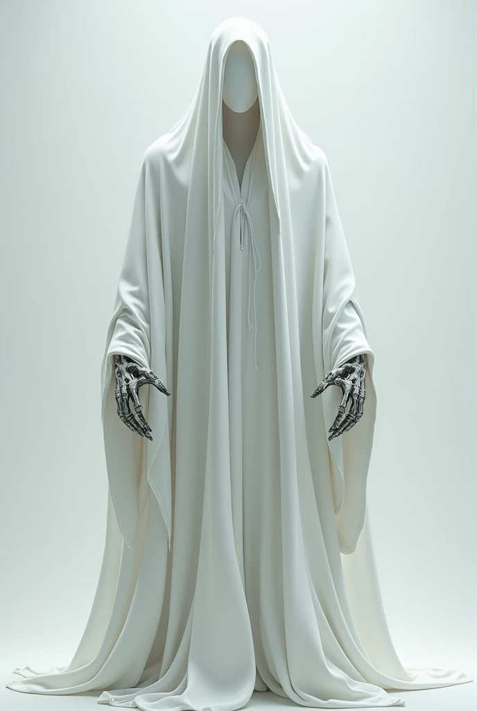 A 3-meter tall creature wrapped in a white cloak covering its entire body with hands made of bones and muscles, wearing a white mask with only a small hole where the forehead is, which hides its face.
