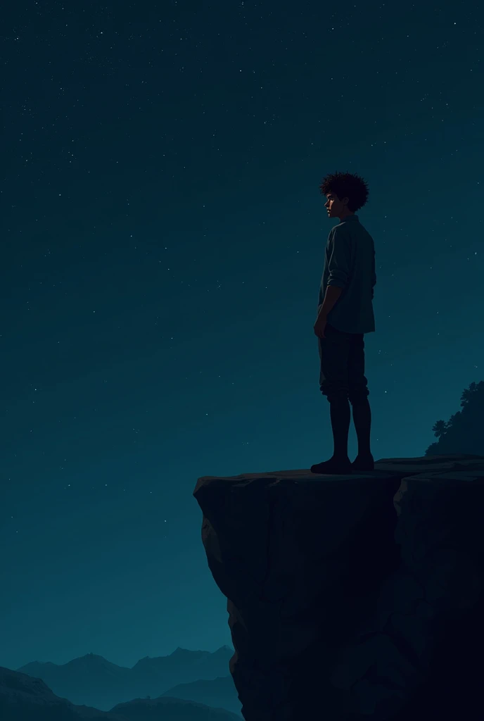 A scene showing a person standing on the edge of a cliff at night, looking out at a dark, starless sky. The person, a young Latino man with curly hair and brown eyes, gazes into the distance, reflecting a sense of endless night —ar 9:16.