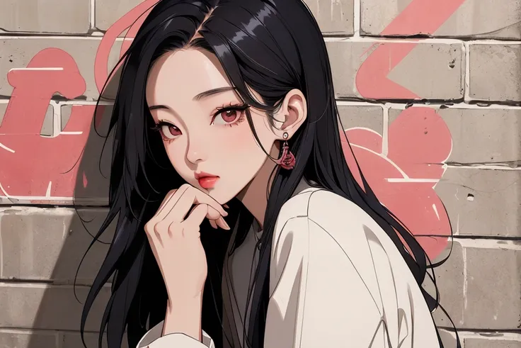 a woman in korean, style s80, with shiny hair, with model poses, with stylish model clothes, listening to old music and enjoying and feeling satisfaction, lofi hip hop, blurring the background,on a brick wall with peeling details with graffiti on the wall,...