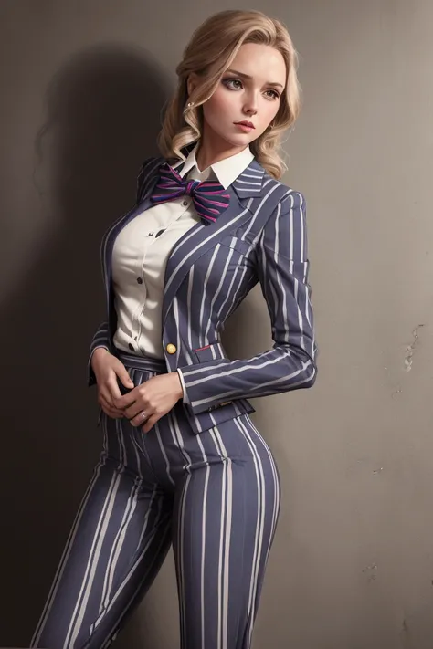 OL　Beautiful woman　Striped pantsuit　Stick out your crotch　Bow-legged