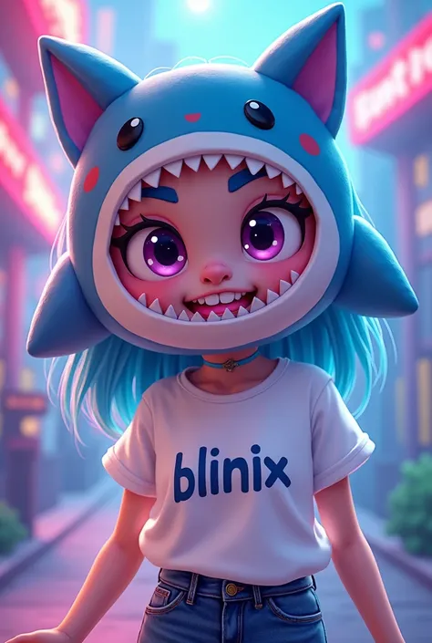 Gawr gura with a t-shirt that says Blinix
