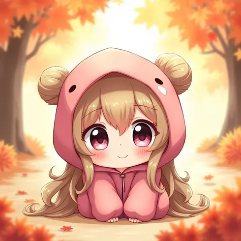 Chibi Character,High image quality,Facing forward,girl,Loose and fluffy long hair,Light Brown Hair,Black pink eyes,Pink hoodie,cute,Fluffy atmosphere,I&#39;m sitting flat on the floor,Blushing, Look at, smile, Maple scenery