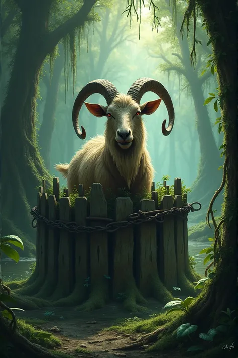 Goat in tha trap of the swamp in the forrest 