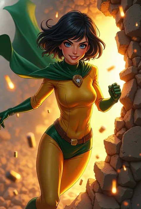 Photo beautiful sexy fifteen-year-old dark short haircut blue eyes superheroine yellow uniform green cape boots breaks an armored wall and goes through it smiling while some gangsters shoot thousands of bullets at her bouncing off her entire body full of f...