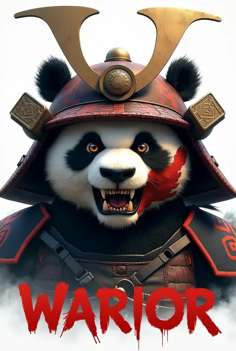 panda face, angry, scar, wear shogun helmet, background "white", text "Warior", HD