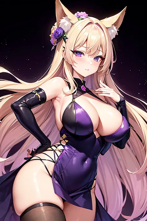 Waifu milf, blonde hair with violet eyes, high resolution, with a dress negro ,fox ears, with a x hair clip, with neon purple locks of hair and a flower blancas crown, con cola de zorro, con armadura 