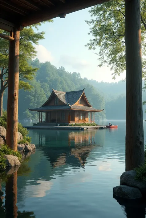 House in the middle of a lake inside a forest that looks realistic, that the lake is very large and that you can see outside a wooden frame and that you can see a boat