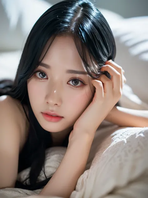 small breast, hand cuffed, armpit, bedroom, lying on bed, hand tied, black hair, extremely detailed eyes, extremely detailed face, best quality, extremely detailed, one person, one girl, ultra-detailed, (realistic, photo-realistic:1.3)